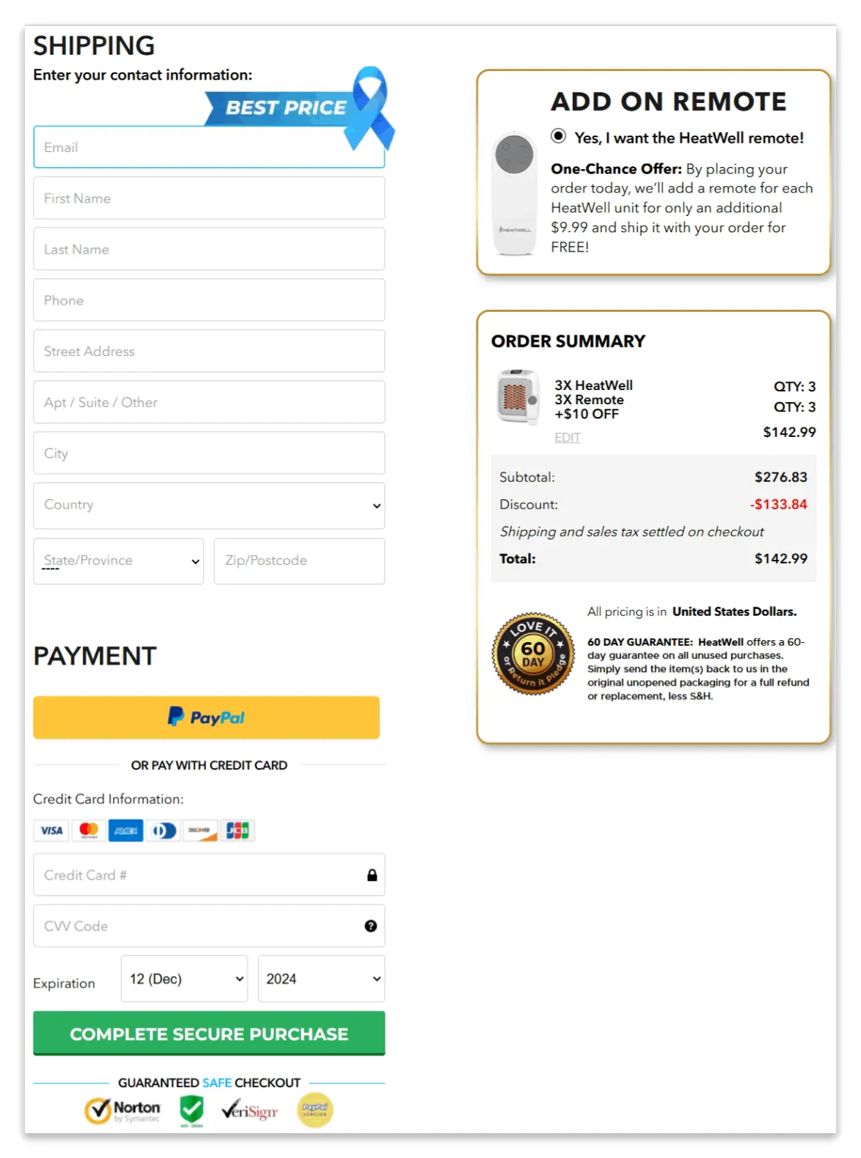 heatwell Heater secure checkout page